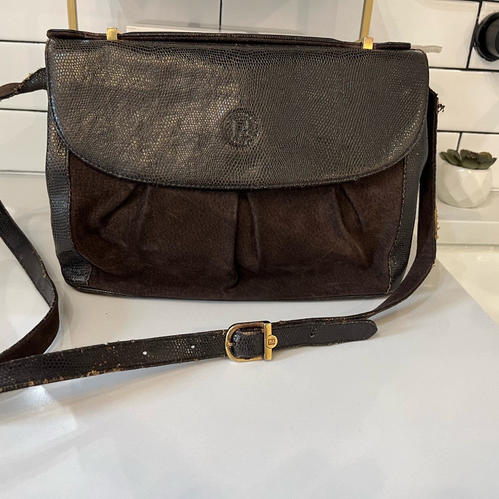 Vintage Fendi chocolate brown leather & suede handbag with crossbody strap